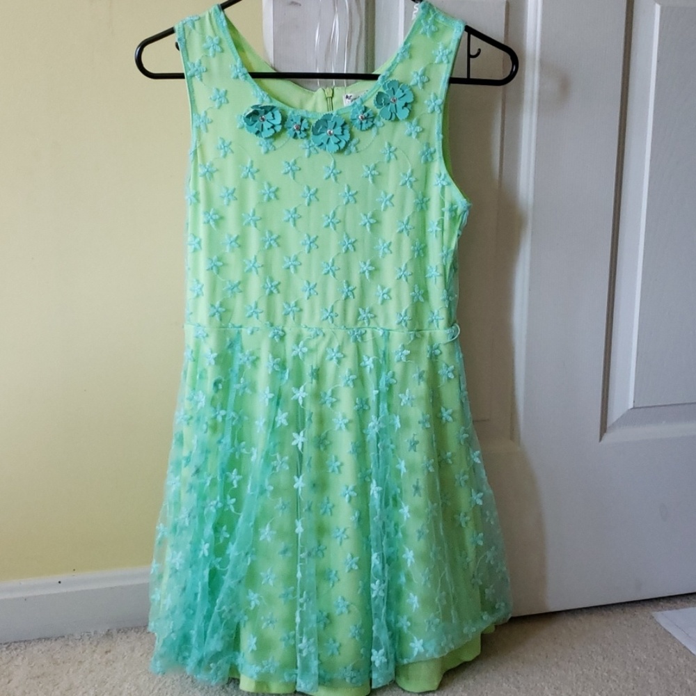 Girls green blue teal dress flowers size 14